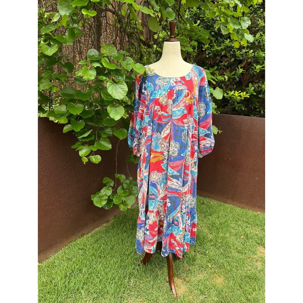 Vtg 80s California Dynasty Batik Floral Peasant Midi Dress Balloon Sleeve Boho